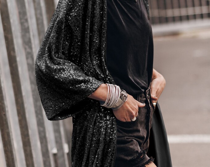 Sequin Kimono Jacket Rave Outfit Black Iridescent Dark Etsy