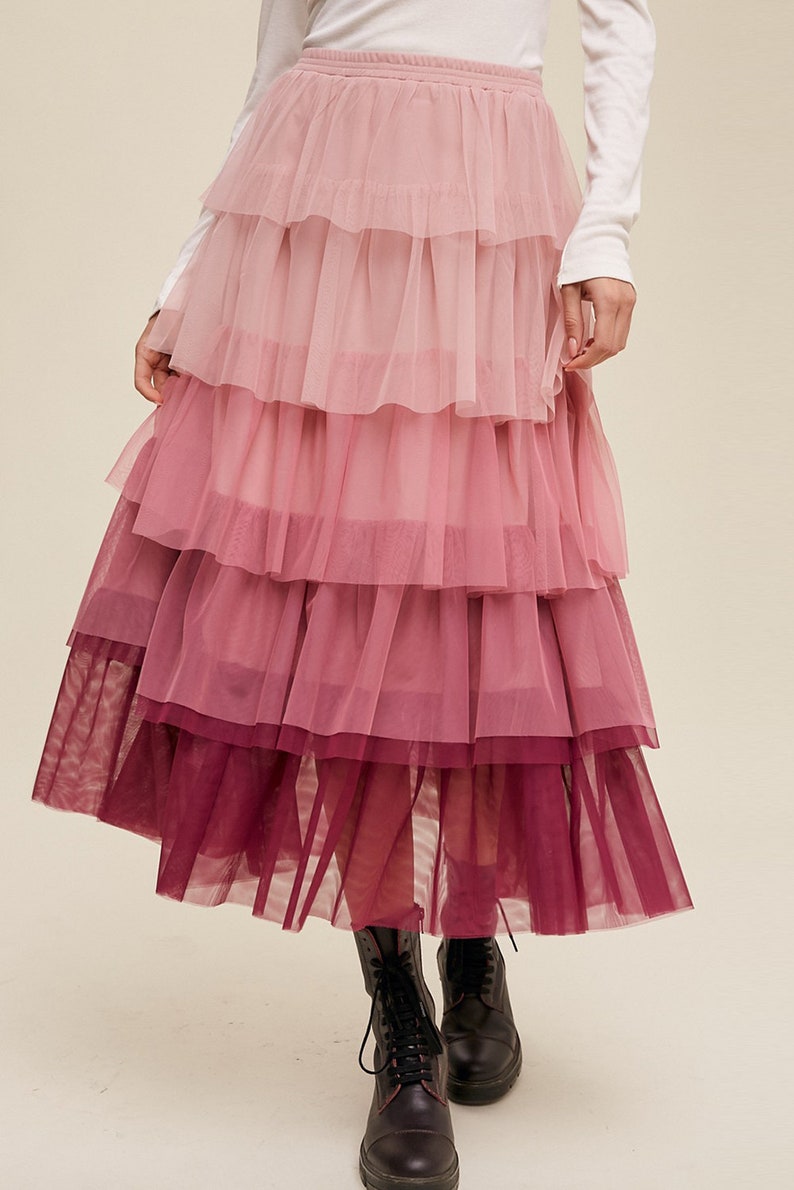 Pink Gradient Ruffle Tiered Mesh Maxi Skirt Fashionable Skirt Ruffled ...