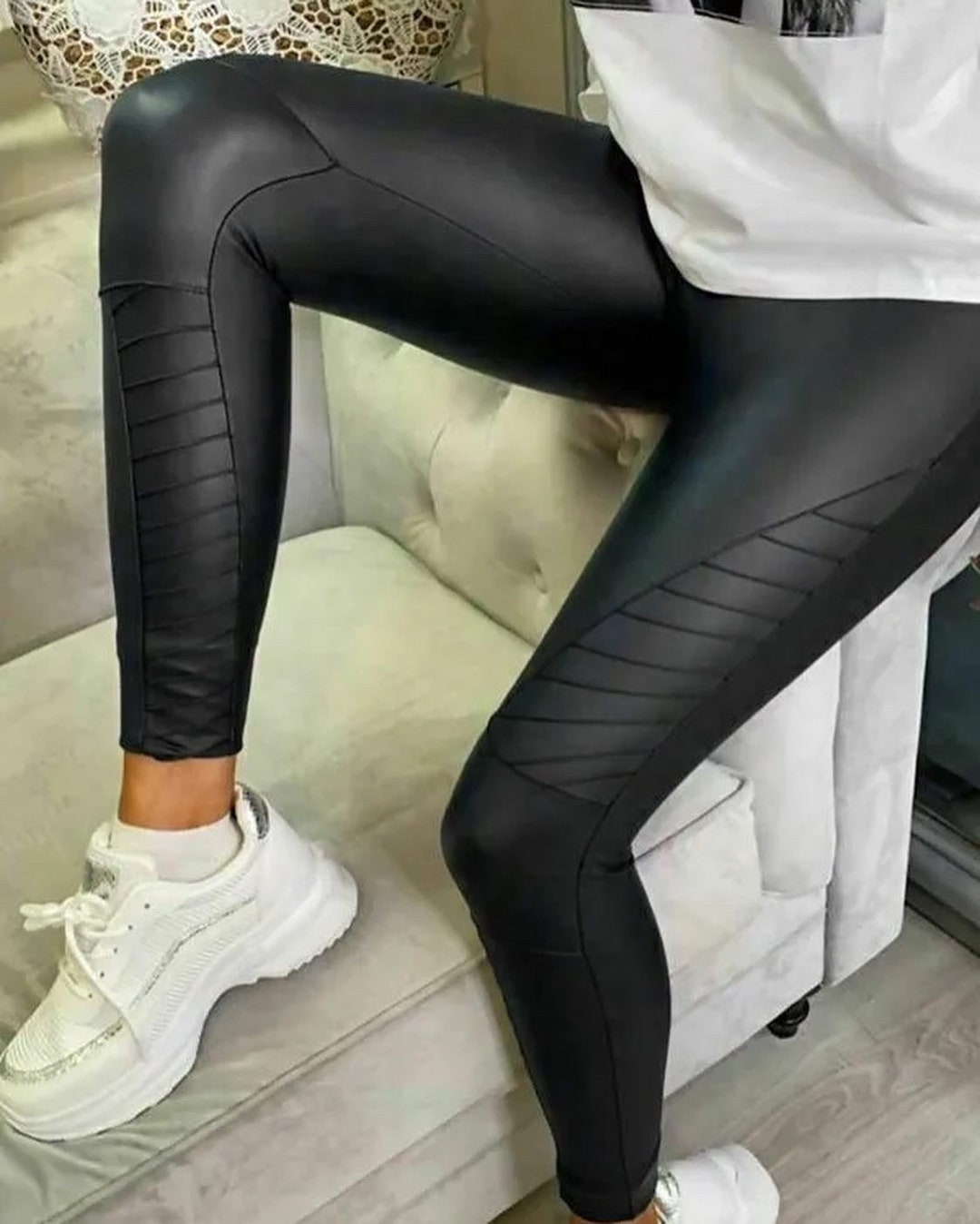 Black Biker PU Leather Look Leggings - Etsy
