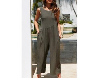 WELCOMEUNI Womens Button Jumpsuit Summer Sleeveless Long Trouser Playsuits Green WELCOMEUNI Womens Button Jumpsuit Summer Sleeveless Long Trouser Playsuits Green