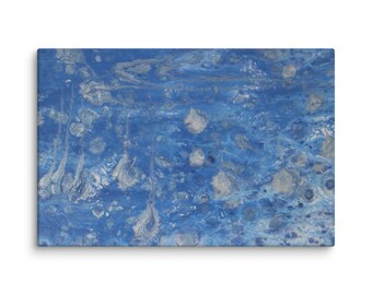 May include: Abstract painting with a blue background and white and silver swirls and dots.