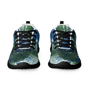 Men&#39;s Athletic Running Shoes, Aquatic-Inspired Design in Blue and Green Print, Black or White Sole, Lightweight Mesh Design