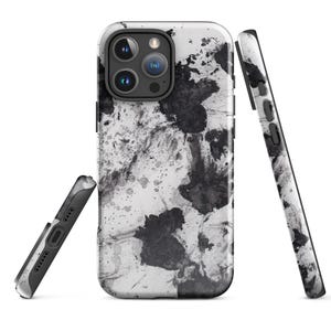 Puede incluir: Una funda de teléfono abstracta en blanco y negro con un diseño de pintura salpicada. La funda está diseñada para un iPhone con una protuberancia de cámara.