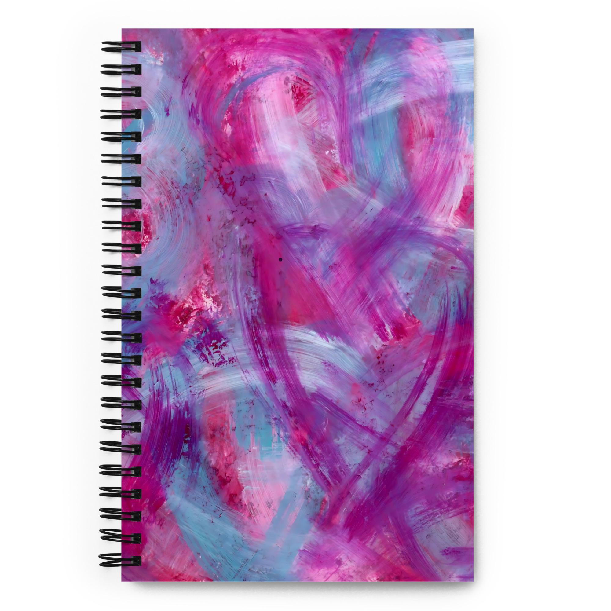 抽象的なピンク、紫、青のハートデザインのスパイラルノート、A5サイズ