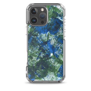 Può includere: Una custodia per telefono trasparente con un design astratto in blu e verde. La custodia ha un rialzo per la fotocamera e un retro trasparente.