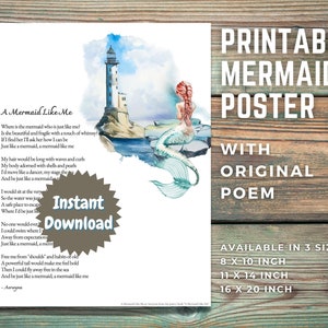 Printable Mermaid Poster Poetry Wall Art &quot;A Mermaid Like Me&quot;