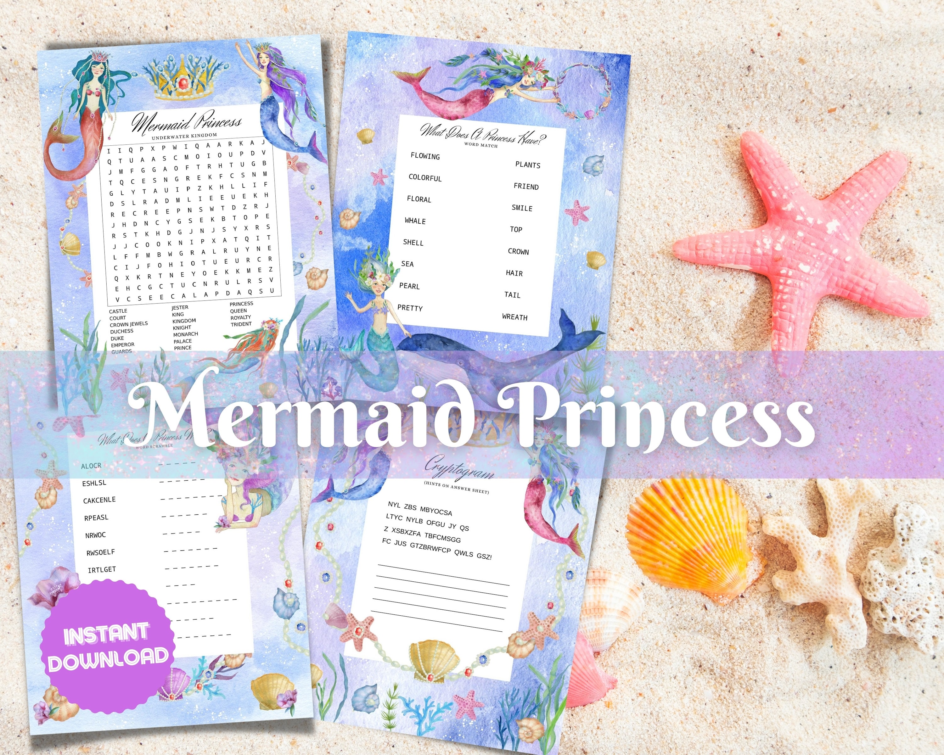 Mermaid Princess - Printable Mermaid Word Search, Word Scramble, Word ...