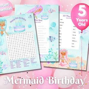 5th Birthday Party Printable Mermaid Word Search, Word Scramble and Word Match Puzzles!