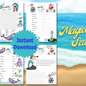 Magical Sea - Printable Mermaid Word Search, Word Scramble, Word Match & Cryptogram Puzzles For Party Games, Birthdays and More!