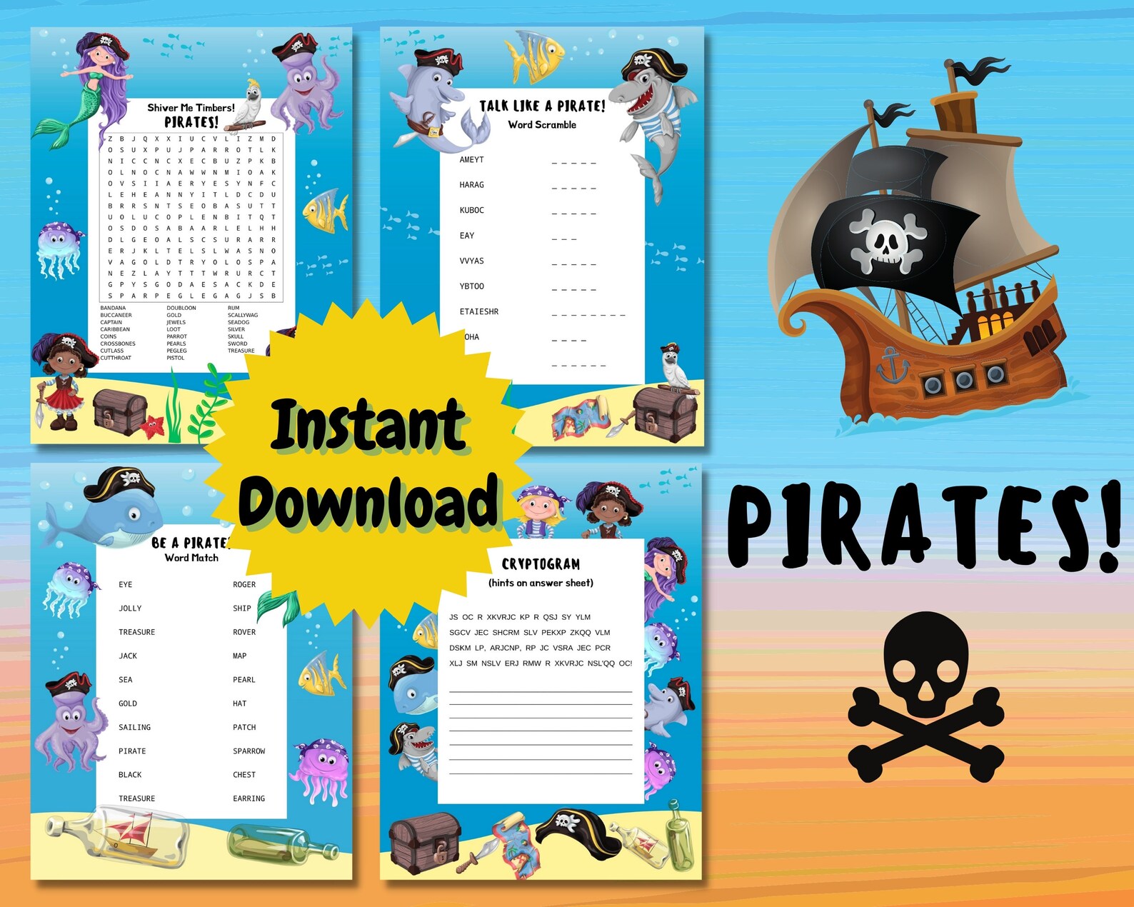 Mermaids &amp; Pirates - Printable Word Search, Word Scramble, Word Match ...