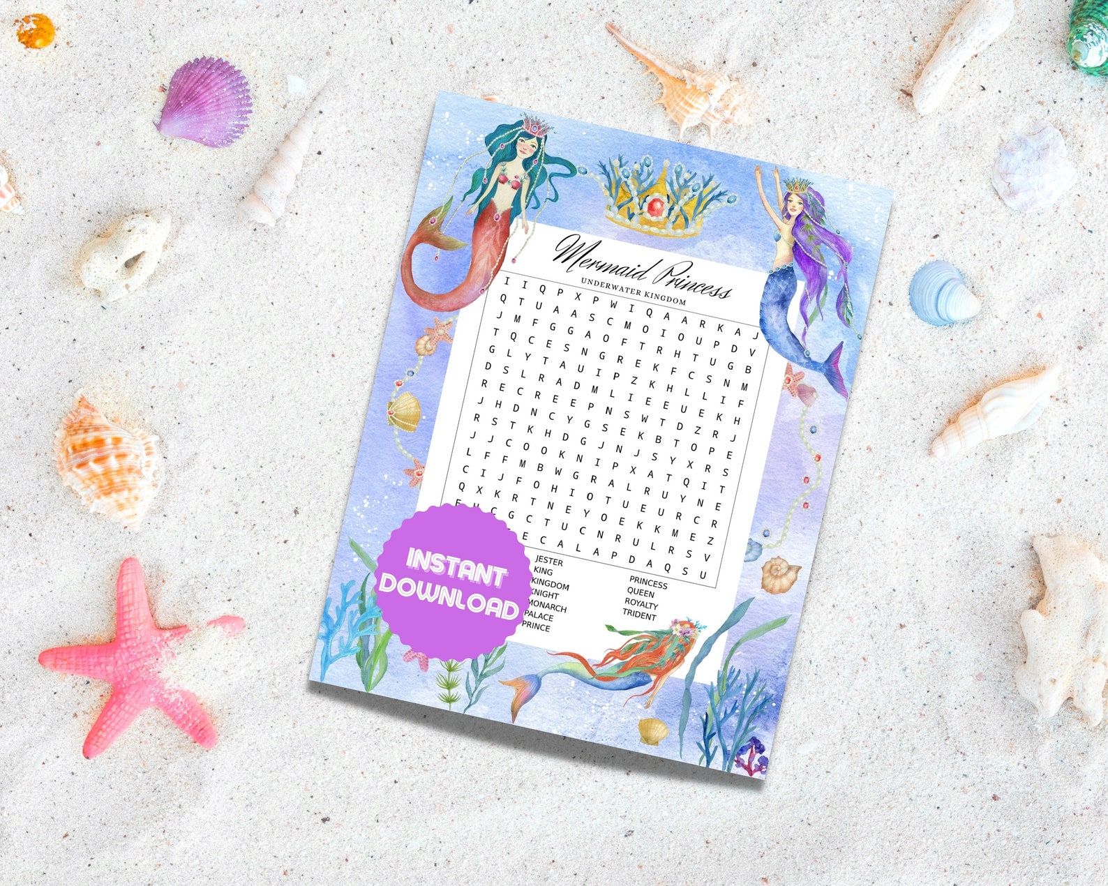 Mermaid Princess - Printable Mermaid Word Search, Word Scramble, Word ...