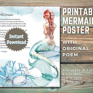 Printable Mermaid Poster Poetry Wall Art &quot;The Dreamer&quot;