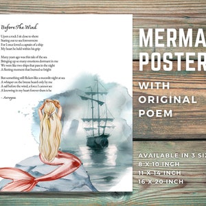 Mermaid Poster Poetry Wall Art &quot;Before The Wind&quot;