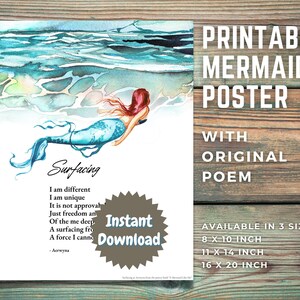 Wydrukowany plakat z syreną, poezja, sztuka ścienna „Surfacing”