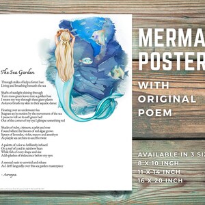 Plakat z poezją syreny, sztuka ścienna „Ogród morski”