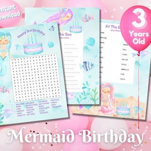 3rd Birthday Party Printable Mermaid Word Search, Word Scramble and Word Match Puzzles!