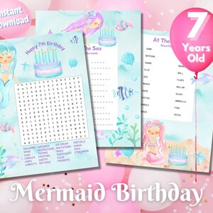 7th Birthday Party Printable Mermaid Word Search, Word Scramble and Word Match Puzzles!