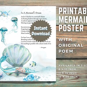 Printable Mermaid Poster Poetry Wall Art &quot;In A Mermaid&#39;s Dream&quot;