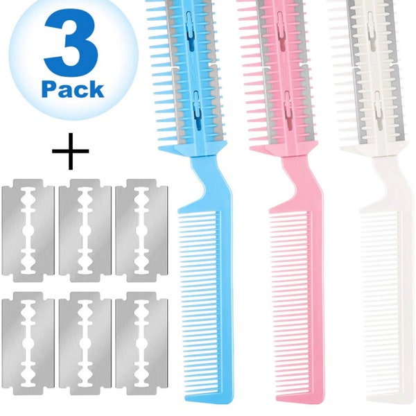 3 Pieces Razor Comb with 10 Pieces Razors,Double Edge Razor, Hair Thinning Comb Slim Haircuts Cutting Tool (White, Pink, Blue, Double Sided)