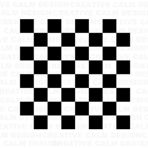 May include: A black and white checkered pattern, similar to a chessboard.