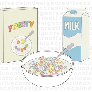 May include: A bowl of colorful cereal with milk, a spoon, a box of Frooty cereal, and a carton of milk.