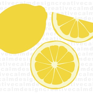May include: Three yellow lemons, one whole and two cut in half, on a white background with repeating text.