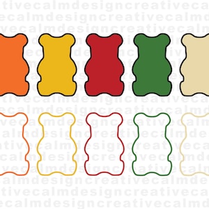 Könnte beinhalten: Acht Gummibärchen-Umrisse in verschiedenen Farben. Die obere Reihe zeigt orange, gelbe, rote, grüne und beige Gummibärchen. Die untere Reihe zeigt die gleichen Formen in orange, gelben, roten, grünen und beigen Umrissen.