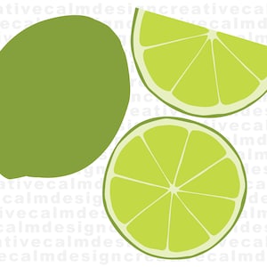 May include: Three lime slices, one whole lime, and two lime halves. The limes are green and yellow.
