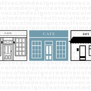 May include: Illustration of three storefront facades with the word "CAFE" above each. The first storefront is black and white, the second is blue, and the third is black with a white awning.