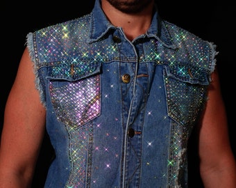 Sparkling Denim Vest Jacket Vintage Slim Fit Sleevless Ripped Jeans Vests with Swarovski Crystals