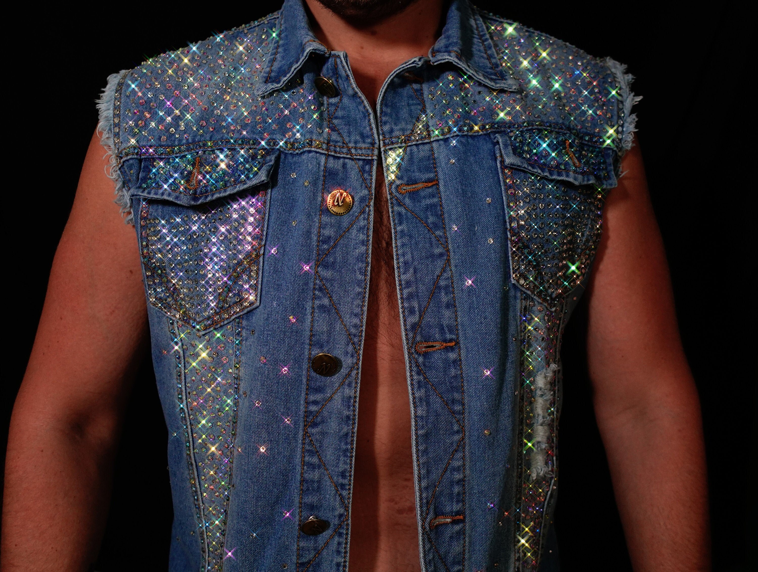 Sparkling Denim Vest Jacket Vintage Slim Fit Sleevless Ripped Jeans Vests  With Swarovski Crystals - Etsy