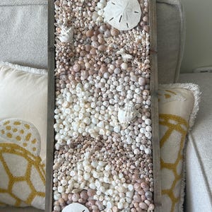 May include: A rectangular wooden framed artwork filled with a variety of seashells and sand dollars in shades of white, beige, and brown. The arrangement creates a textured, beach-themed display, perfect for coastal decor.