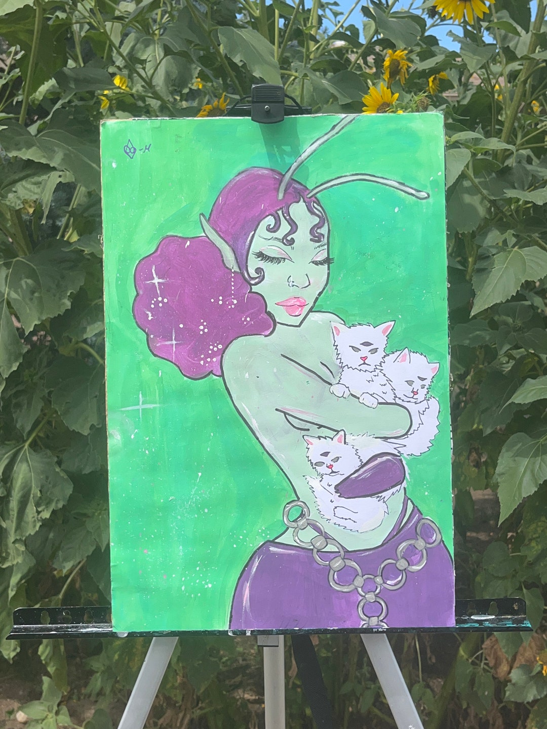 Space Lady Art Print Green Alien Woman Portrait Holding Cats Afro Woman ...