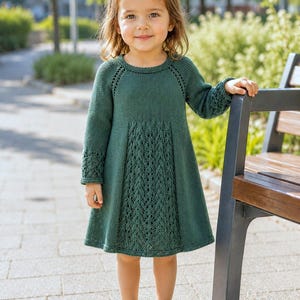 May include: A long-sleeved, forest green knitted dress featuring a round neckline, raglan sleeves with decorative openwork detailing, and a central vertical panel of intricate lace knitting that extends down the front of the skirt.