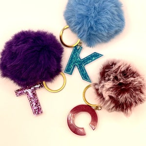 Letter Keychains, Pom Pom Accessories | Resin Keyring | Pom Pom Keyring