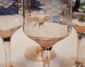 Vintage pink optic etched flowers and vines wine glasses set of 4