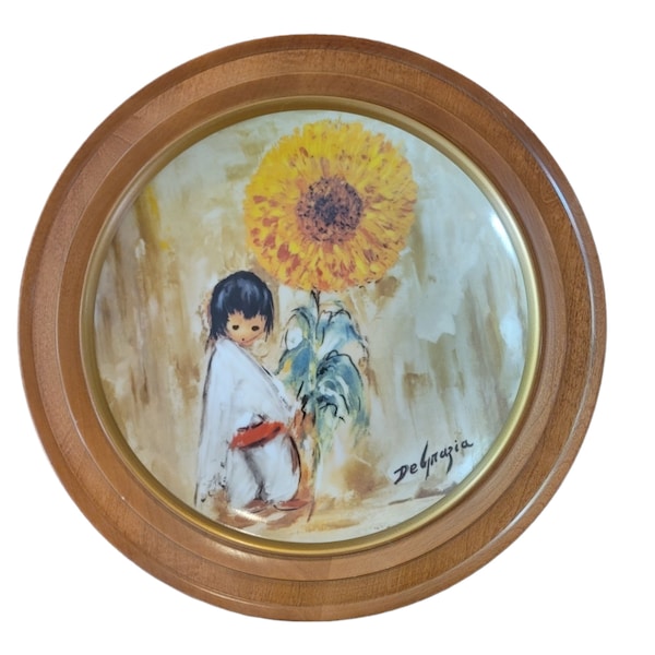 Ted Degrazia collectors plate wood framed "Sunflower Boy"  the children series numbered 6705 0F 10,000