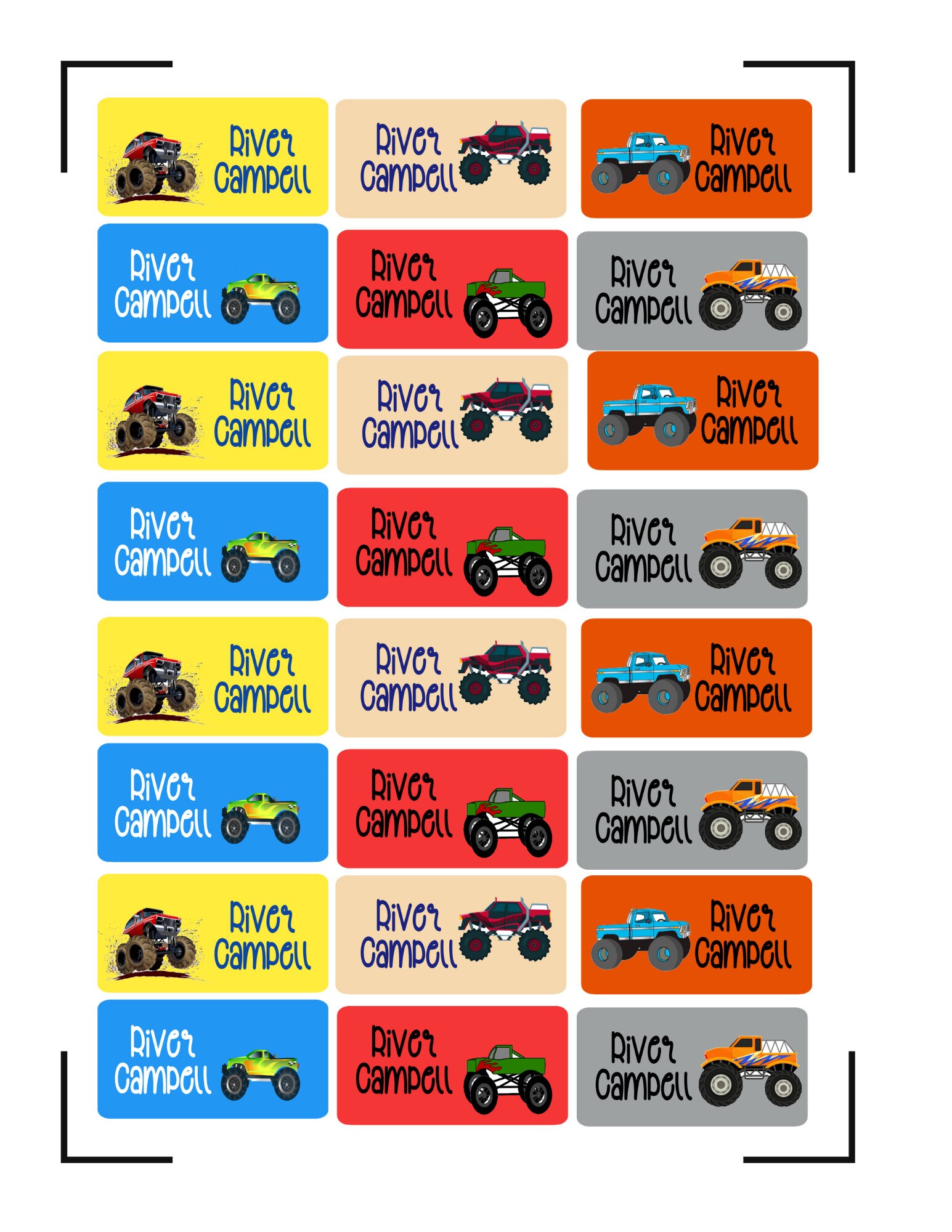 truck labels water proof back to school monsters truck name