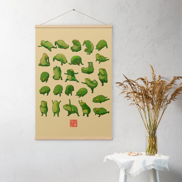 Cute Yoga Frog Poster With Hangers | Adorable Handdrawn Wall Art Print | Gifts for Frog Lovers