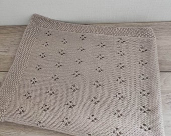 Hand knitted merino wool baby blanket (pictured in light beige)