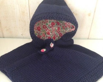 Baby hooded poncho knitted baby handmade merino wool navy blue hood lined with liberty fabric