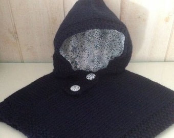 Baby hooded poncho knitted baby handmade merino wool navy blue hood lined with liberty fabric