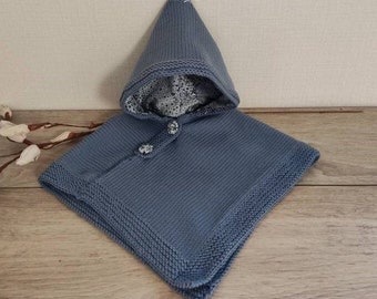 poncho à capuche, cape bébé en laine mérinos bleue tissu liberty