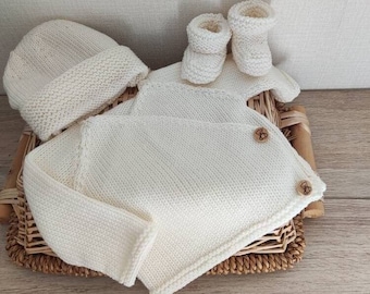 Off-white merino wool wrap bralette set with matching hat and slippers and wooden buttons