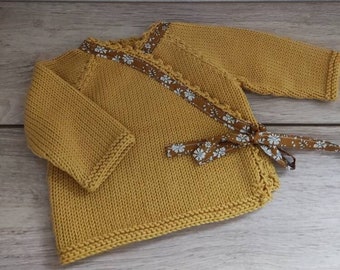 Heart-shaped baby bra, hand-knitted layette in mustard merino wool and liberty capel fabric