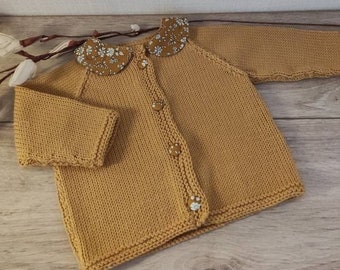 Vest, hand-knitted baby jacket in mustard merino wool with claudine collar for baby