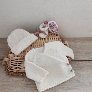 Off-white merino wool wrap bra set with matching hat and slippers and liberty buttons