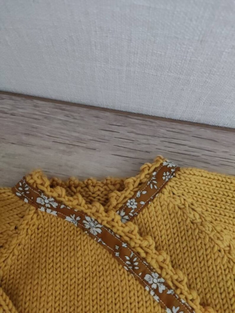 Baby crop top, slippers and beguin set in mustard merino wool and liberty capel fabric image 5