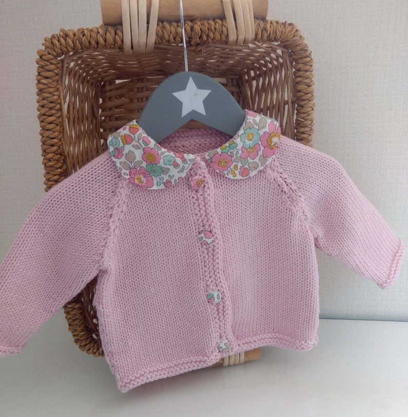 Knitted baby layette cardigan in pink merino wool with peter pan collar in liberty for baby image 1