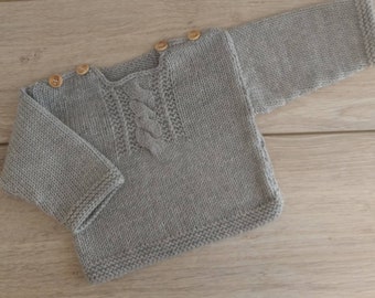 Baby sweater 3 months knitted hand with twist in merino wool dark beige wood buttons